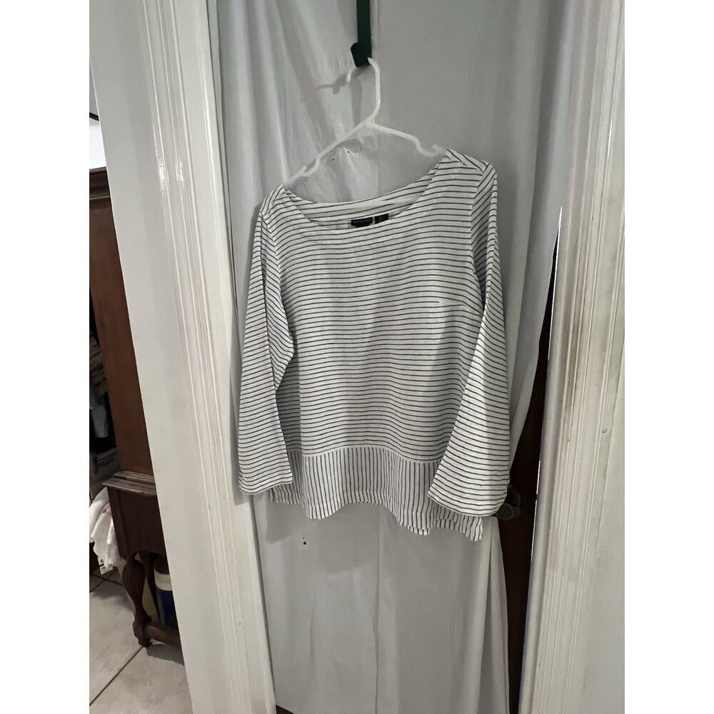 Tahari White Blue Linen Striped Tunic Sz L Boat Neck Drop Waist Peplum